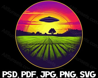 UFO Retro Sunset svg png jpg pdf psd File Types Aliens Round Retro Circle Unidentified Flying Object Print on Demand Commercial Use