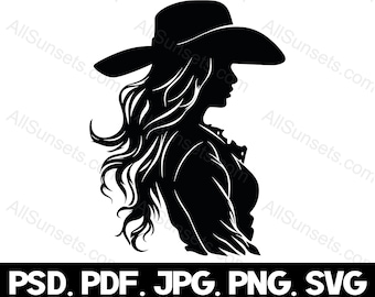 Cowgirl Pretty Long Hair Silhouette svg png pdf jpg psd File Types Curly Western Lady Cowboy Hat Wrangler Vector Clipart