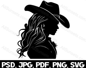 Cowgirl lang vloeiend haar silhouet SVG png pdf jpg psd bestandstypen mooie dame westerse cowboyhoed Wrangler lang haar vector clipart