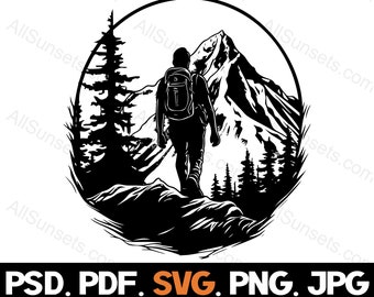 Bergsvandring svg png jpg pdf psd Filtyper Vandrare Utomhus Camping Skog Skriv ut på begäran Kommersiell användning
