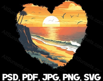 Beachside Cliffs Heart Shaped Sunset svg png jpg pdf psd File Types Sun Setting Ocean Waves Retro Print on Demand Commercial Use