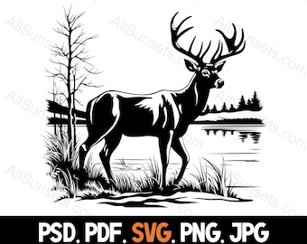 Deer Buck Lake Woods Scene Silhouette svg png jpg psd pdf File Types Forest Commercial Use for Print on Demand Graphic