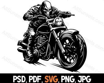 Skeleton Biker Motorcycle Rider Silhouette svg png psd jpg pdf File Types Skull Motor Bike Vector Commercial Use for Print on Demand