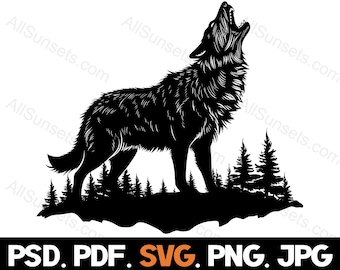 Howling Wolf Forest Silhouette svg png jpg pdf psd File Types Trees Vector Clipart Commercial Use Print on Demand Graphics
