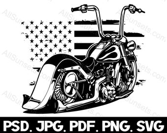 May include: Black and white illustration of a motorcycle with a custom paint job and a large rear tire. The motorcycle is in front of a distressed American flag.