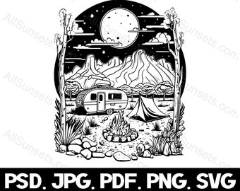 Desert Camping Full Moon svg png jpg psd pdf File Types Clipart Cute Camper Vintage Tent Night Scene Commercial Use