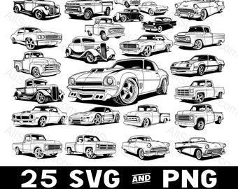 Classic Cars and Trucks 25 Vectors SVG & PNG File Types Custom Vintage Vehicles Antique Automobiles Commercial Use for Print On Demand