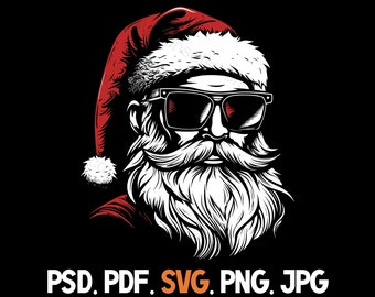 Santa Claus Wearing Sunglasses svg png pdf psd jpg File Types for Black Products Christmas Silhouette Commercial Use Print on Demand