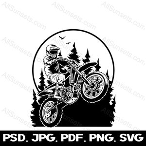 Dirt Bike Motorrad svg Wald Sunset Racer png jpg pdf psd Dateitypen Vektor-Silhouette Kommerzielle Verwendung Print On Demand Grafik Clipart