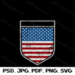 May include: A distressed shield design featuring the American flag with a blue field of stars and red and white stripes. The shield has a white border and a black top section. The image includes file type notations: PSD, JPG, PDF, PNG, SVG.