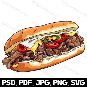 Kanapka Philly Cheesesteak svg png psd jpg pdf Typy plików Pełny kolor Jedzenie Logo Clipart Wektor Fast Food Grafika Użytek komercyjny