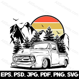 Klassieke Truck SVG Vintage Pick-up Truck Forest Mountain Retro Sunset Vector Graphics Clipart png psd jpg eps svg Bestandstypen