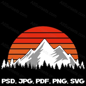 Retro vintage Mountains Sunset Trees svg png jpg psd pdf File Types Commercial Use Print on Demand Clipart