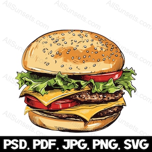 Cheeseburger Food Logo svg png psd jpg pdf Dateitypen Vollfarbe Sandwich Vektor-Illustration Hamburger Kommerzielle Nutzung