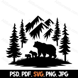 Ours arbres scène vecteur svg png jpg psd pdf Types de fichiers forêt à feuilles persistantes maison ou impression à la demande utilisation commerciale graphique