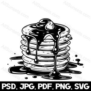 Pancakes Silhouette svg png psd jpg pdf File Types Stack of Pancakes Dripping with Syrup Butter Vector Graphic Clipart Commercial Use