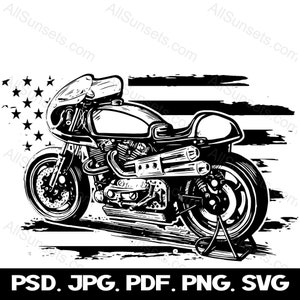 Cafe Motorrad Racer Grunge Amerikanische Flagge svg png psd jpg pdf Dateitypen Rennrad Vektorgrafiken Clipart Kommerzielle Nutzung Print on Demand