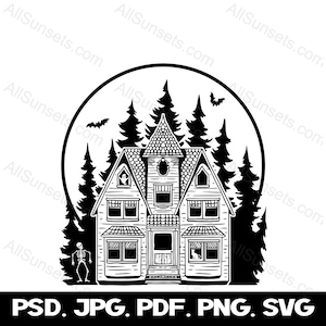 Halloween Haunted Mansion svg png jpg psd pdf File Types House Spooky Silhouette Home Full Moon Graphic Clipart