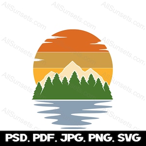 Mountain Lake Retro vintage Sunset svg png jpg psd pdf File Types Evergreen Clipart Forest Commercial Use Print on Demand Graphics