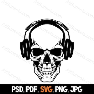 Schädel mit Kopfhörern svg png svg jpg psd Dateitypen Coole Musik DJ Skeleton Silhouette Vektor Kommerzielle Nutzung Print on Demand Grafik