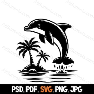 Delphin Palme Island Silhouette svg png jpg pdf psd Dateitypen Vektor private oder kommerzielle Nutzung für Print on Demand