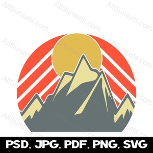 Mountain Snow Retro Sunset svg png pdf psd jpg Files Clipart Stripes Sun Nature Hiking Camping Commercial License Graphic