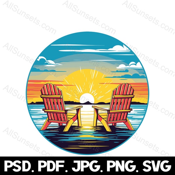 Adirondack Chairs Beach Sunset svg png jpg pdf psd File Types Retro Ocean Vacation Commercial Use for Print on Demand