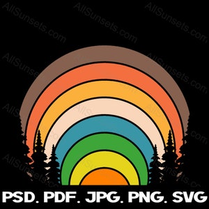 Courbé Rétro vintage Sunset svg png jpg pdf psd Types de fichiers Clipart Arbres Orange Vert Tan Jaune Utilisation commerciale Impression à la demande Graphiques
