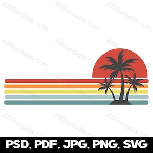 Palmen Horizontale Streifen Retro Sonnenuntergang PNG Datei Strand Stadt Urlaub Kommerzielle Nutzung Print on Demand Grafiken
