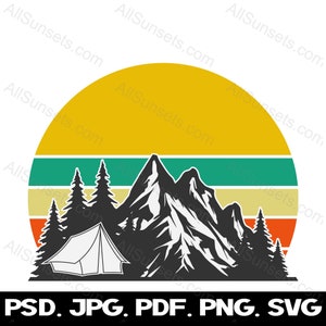 Camping Tente Arbres de montagne Rétro Coucher de soleil PNG et SVG Fichier coupé Clipart Utilisation commerciale Impression à la demande Graphique