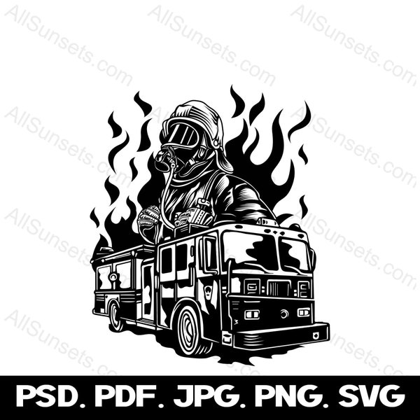Fireman Firetruck Flames Silhouette svg png psd jpg pdf File Types Fire Truck Vector Graphic Clipart Print On Demand Commercial Use