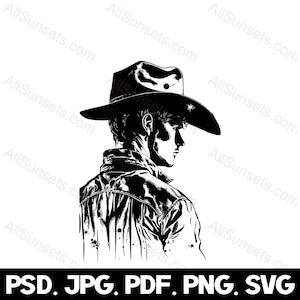 Cowboy Silhouette svg png svg jpg psd Dateitypen Splatters Grunge Wild West Wrangler Western Revolverheld Vektor Clipart