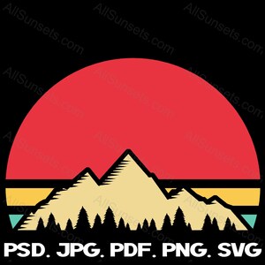 Forêt de montagne arbres à feuilles persistantes rouge rétro coucher de soleil svg png jpg pdf psd Types de fichiers jaune sarcelle vert cercle rond usage commercial Clipart