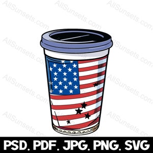 Pode incluir: Um copo de café descartável vermelho, branco e azul com um design da bandeira americana. O copo tem uma tampa azul.