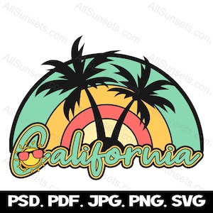 California Beach Retro Sunset svg png jpg pdf psd Types de fichiers Smiling Face Sunshine Summer Vacation Utilisation commerciale Impression à la demande Clipart