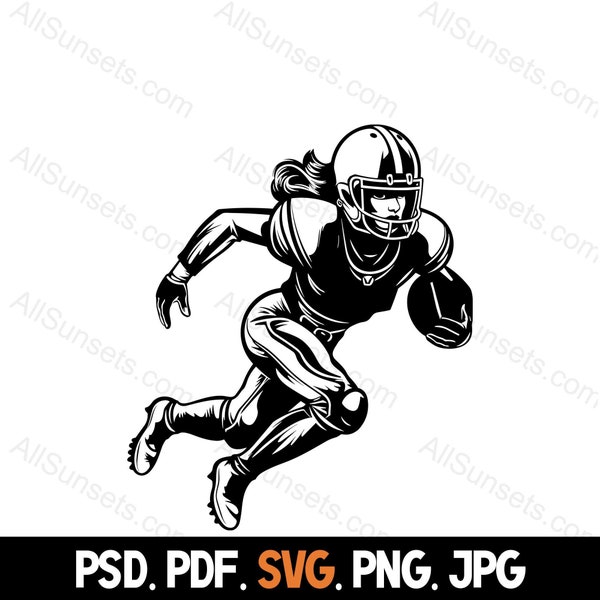 Female Football Player Silhouette svg png jpg pdf psd File Types Ball Runner Commercial Use for Print On Demand Graphic