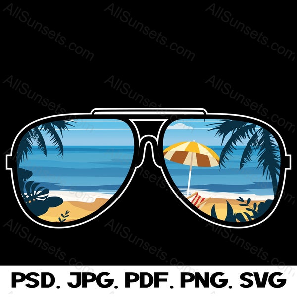 Beach Palm Trees Umbrella Sunglasses PNG SVG PSD Pdf Jpg Files Clipart Glasses Vacation Commercial Use Print on Demand Graphics