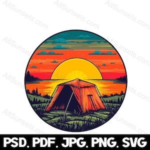 Camping tente cercle lac coucher de soleil svg png jpg pdf psd Types de fichiers Camp rétro arbres à feuilles persistantes forêt graphique eau océan Clipart