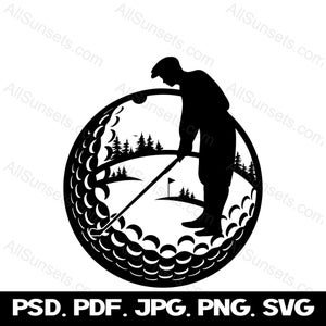 Golf Silhouette Campo da golf Scena svg png psd jpg pdf Tipi di file Giocatore di golf maschile Grafica vettoriale Clipart Stampa su richiesta Uso commerciale