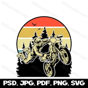 Moto Dirt Bike Foresta Retro Sunset svg png jpg pdf psd Tipi di file Vector Uso commerciale Stampa su richiesta Grafica Clipart