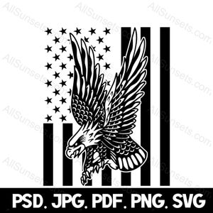 Eagle Vertical American Flag Black Vector svg png, psd, pdf, jpg Arquivos EUA Clipart Gráficos Festa de 4 de julho Uso comercial Impressão sob demanda