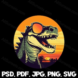 Gafas de sol de dinosaurio Retro Sunset svg png jpg pdf psd Tipos de archivos T-Rex Círculo redondo Configuración del sol Forma Impresión bajo demanda Uso comercial