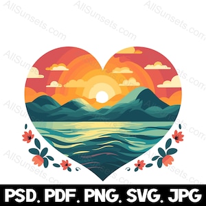Mountain Lake Floral em forma de coração Pôr do sol svg png jpg pdf psd Tipos de arquivo Pôr do sol Ondas de água Retro Impressão sob demanda Uso comercial
