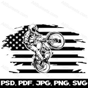 Dirt Motorcycle Wheelie Bandiera americana svg png jpg pdf psd Tipi di file Patriottico USA Uso commerciale Stampa su richiesta Grafica Clipart