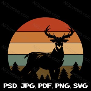 Cerf rétro vintage coucher de soleil PNG SVG coupe fichier Clipart Buck chasse arbres à feuilles persistantes lever du soleil forêt commerciale nous impression à la demande graphique