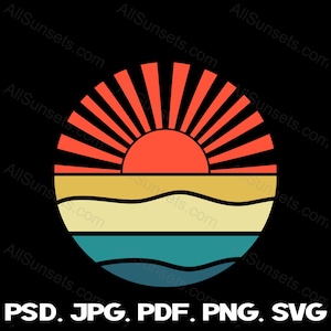 Op de afbeelding: Een retro-stijl illustratie van een zonsondergang boven de oceaan. De zon is rood en oranje, met stralen die er vanaf komen. De oceaan is blauw en groen, met golven die breken op de kust. Het zand is geel.