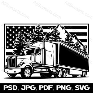 May include: Black and white illustration of a semi-truck driving through a mountain landscape with a US flag in the background. The truck is hauling a trailer with a mountain scene on the side.