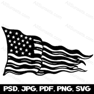 Bandiera americana svg png jpg psd pdf Tipi di file Vento strappato patriottico singolo colore grafica vettoriale bandiera USA clipart patriottica uso commerciale