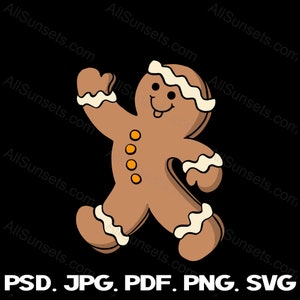 Gingerbread Man svg png jpg pdf psd Tipos de archivos Divertido personaje de comida navideña Navidad Uso comercial Impresión bajo demanda Imágenes prediseñadas