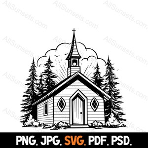 Kerk bos silhouet SVG png jpg pdf psd bestandstypen kapel illustratie religieus christelijk commercieel gebruik print on demand clipart